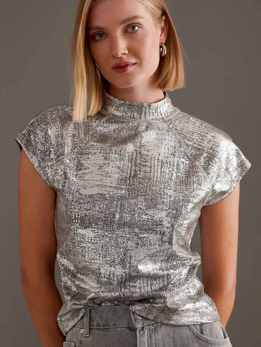Pilcro Cap-Sleeve Mock-Neck Metallic Top – Size XS